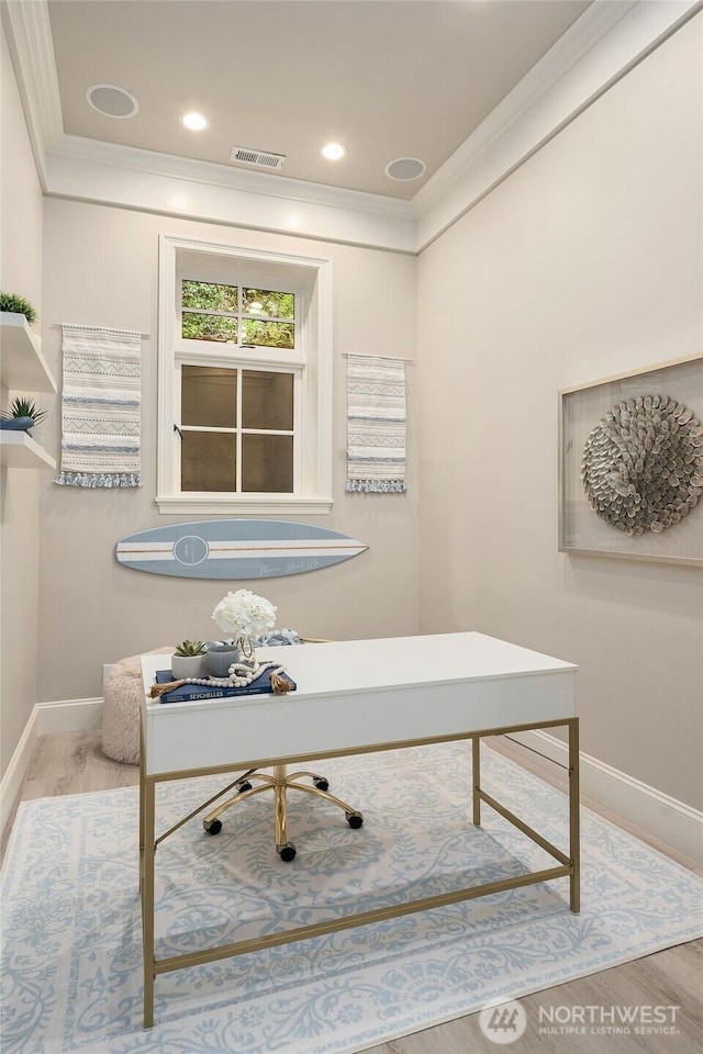 4207 Holly Ln, Mercer Island, WA 98040 - home office with crown molding, baseboards, and wood finished floors