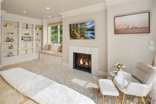 4207 Holly Ln, Mercer Island, WA 98040 - living area featuring crown molding, a high end fireplace, recessed lighting, and baseboards