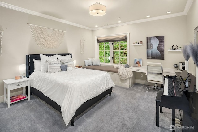 4207 Holly Ln, Mercer Island, WA 98040 - carpeted bedroom with an office area, crown molding, recessed lighting, and baseboards