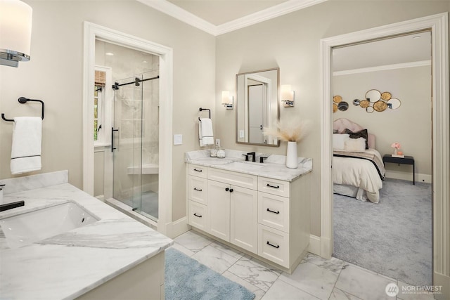 4207 Holly Ln, Mercer Island, WA 98040 - bathroom featuring a shower stall, crown molding, two vanities, marble look tiles, and baseboards