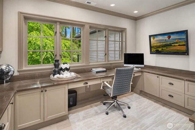4207 Holly Ln, Mercer Island, WA 98040 - office space featuring built in study area, crown molding, and light wood finished floors