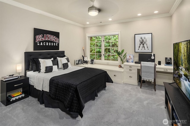 4207 Holly Ln, Mercer Island, WA 98040 - bedroom with a desk, light carpet, ornamental molding, and recessed lighting