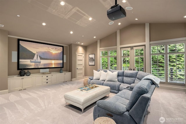 4207 Holly Ln, Mercer Island, WA 98040 - cinema featuring light colored carpet, recessed lighting, high vaulted ceiling, and baseboards