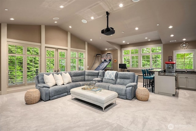 4207 Holly Ln, Mercer Island, WA 98040 - carpeted living room featuring recessed lighting, a sink, and high vaulted ceiling