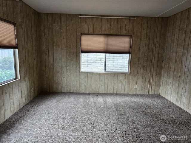 carpeted spare room with wooden walls