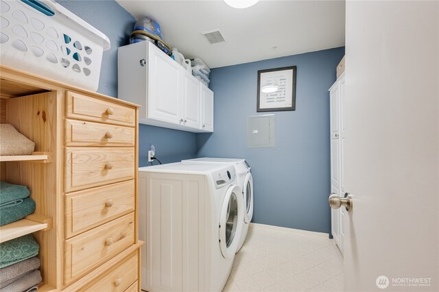 23313 Cedar Way Unit N205, Mountlake Terrace, WA 98043 - laundry room featuring independent washer and dryer, light floors, cabinet space, and baseboards