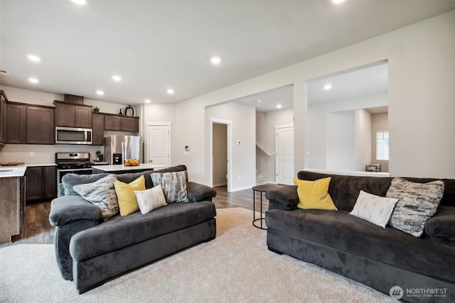 28315 64th Ct NW, Stanwood, WA 98292 - living room featuring recessed lighting, wood finished floors, and stairs