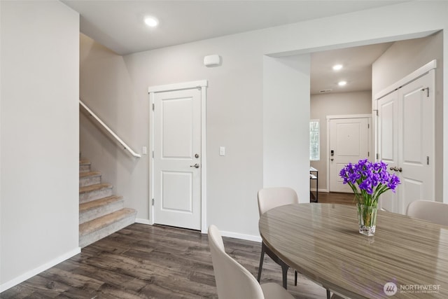 28315 64th Ct NW, Stanwood, WA 98292 - dining space featuring dark wood-style flooring, stairs, and recessed lighting