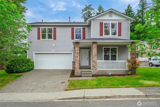 12570 SE 295th St, Auburn, WA 98092 - view of front facade featuring a garage, a porch, concrete driveway, and a front lawn