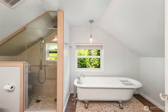 2016 Marine Dr, Bremerton, WA 98312 - full bathroom with lofted ceiling, a stall shower, baseboards, and a soaking tub
