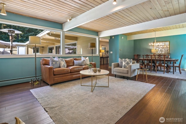 6324 NE 130th Pl, Kirkland, WA 98034 - living area with a baseboard radiator, beamed ceiling, wood-type flooring, and a chandelier