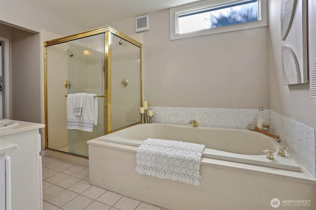6324 NE 130th Pl, Kirkland, WA 98034 - full bathroom featuring tile patterned flooring, a stall shower, a bath, and vanity