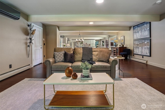 6324 NE 130th Pl, Kirkland, WA 98034 - living room with a wall mounted air conditioner, baseboard heating, wood finished floors, recessed lighting, and a chandelier