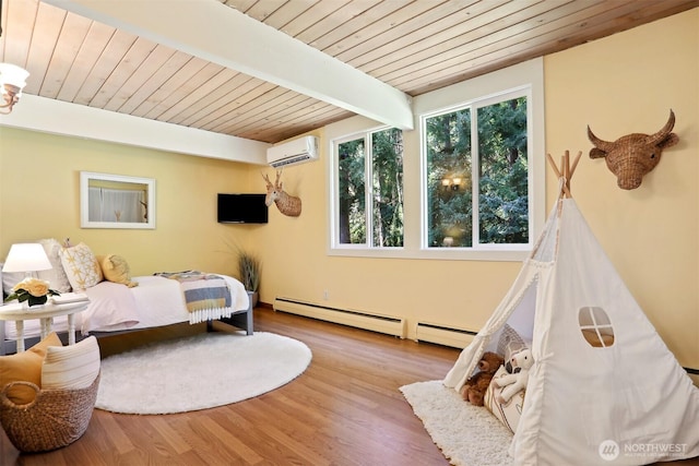 6324 NE 130th Pl, Kirkland, WA 98034 - bedroom with a baseboard radiator, wood ceiling, a wall mounted air conditioner, beam ceiling, and wood finished floors