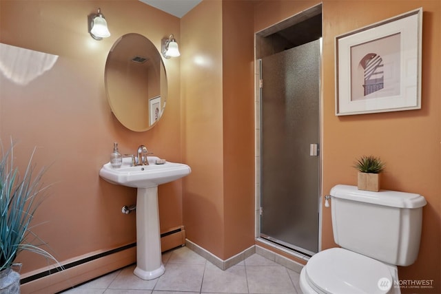6324 NE 130th Pl, Kirkland, WA 98034 - full bathroom with a baseboard heating unit, toilet, a shower stall, tile patterned floors, and baseboards