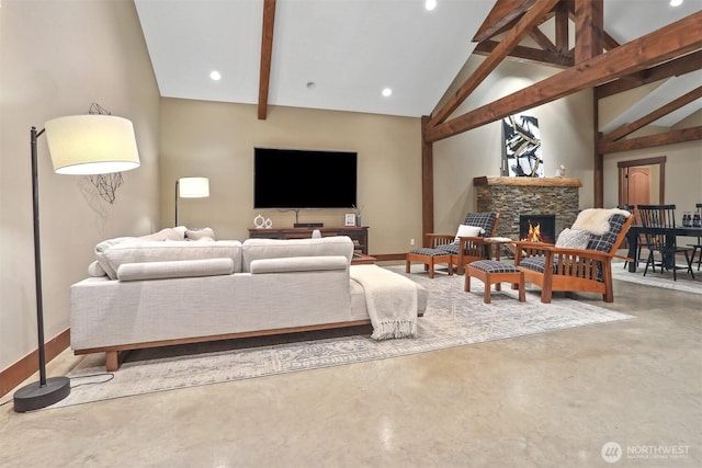 6324 NE 130th Pl, Kirkland, WA 98034 - living room featuring a fireplace, concrete floors, beam ceiling, baseboards, and recessed lighting