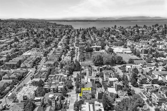 2422C NW 60th St, Seattle, WA 98107 - aerial perspective of suburban area with a water and mountain view and property parcel outlined