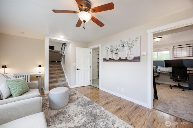 12605 58th Ave SE, Snohomish, WA 98296 - living room with a ceiling fan, an office area, baseboards, and wood finished floors