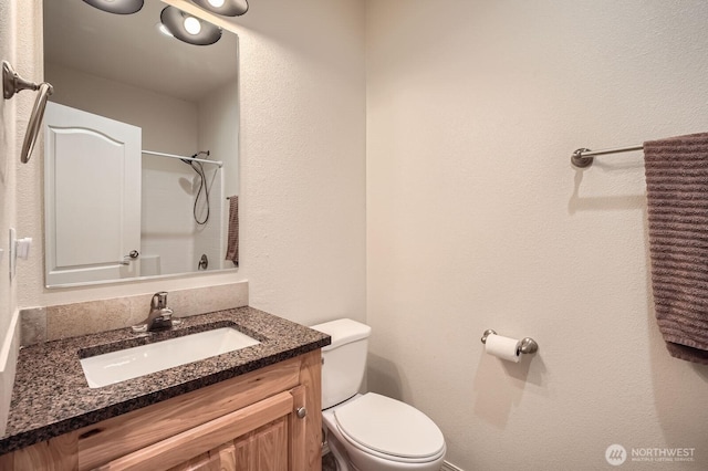 full bath featuring toilet, vanity, and a shower