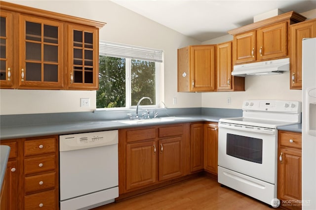 kitchen with white appliances, under cabinet range hood, light wood finished floors, a sink, and glass insert cabinets