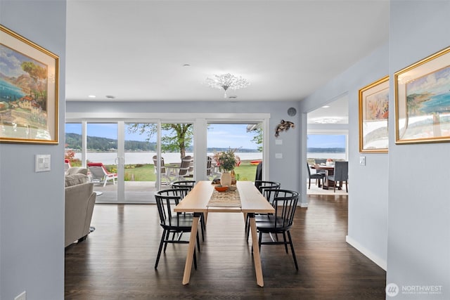 4354 Dyes Inlet Rd NW, Bremerton, WA 98312 - dining room featuring dark wood-style flooring, baseboards, recessed lighting, and a water view