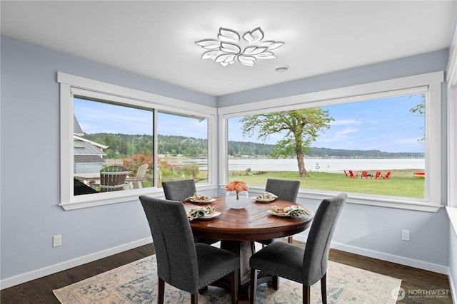 4354 Dyes Inlet Rd NW, Bremerton, WA 98312 - dining area with baseboards, a water view, and dark wood-style floors