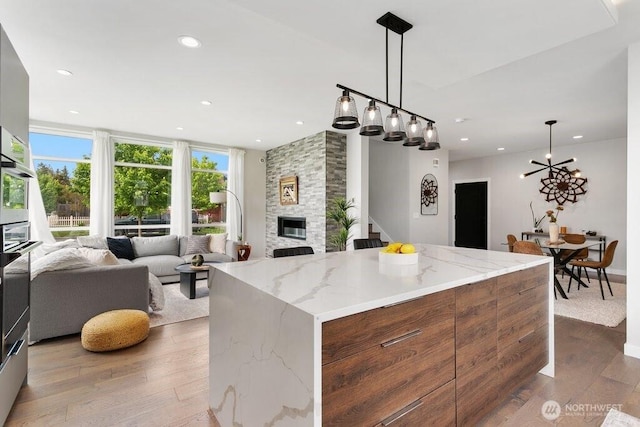 kitchen with wood finished floors, open floor plan, a stone fireplace, stainless steel oven, and recessed lighting