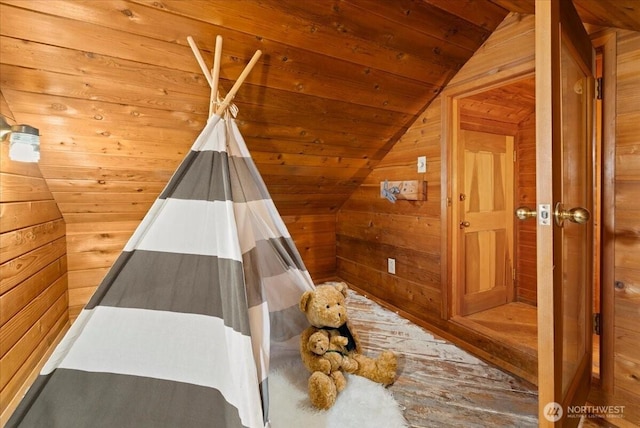 508 N 95th St, Seattle, WA 98103 - bedroom featuring vaulted ceiling, wooden walls, and wooden ceiling