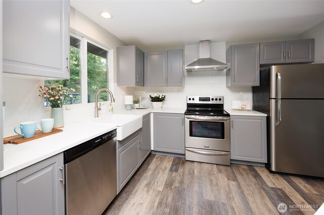 24222 92nd Ave W, Edmonds, WA 98020 - kitchen with appliances with stainless steel finishes, wall chimney exhaust hood, gray cabinets, a sink, and recessed lighting