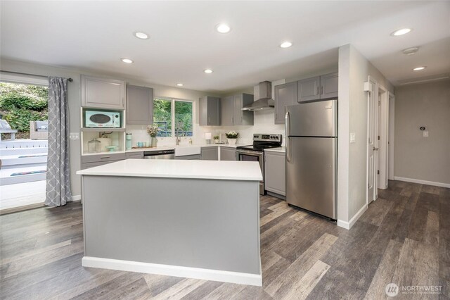 24222 92nd Ave W, Edmonds, WA 98020 - kitchen featuring stainless steel appliances, gray cabinetry, wall chimney exhaust hood, a sink, and light countertops