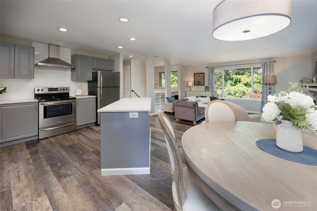 24222 92nd Ave W, Edmonds, WA 98020 - kitchen with stainless steel appliances, wall chimney range hood, gray cabinetry, dark wood-style floors, and light countertops