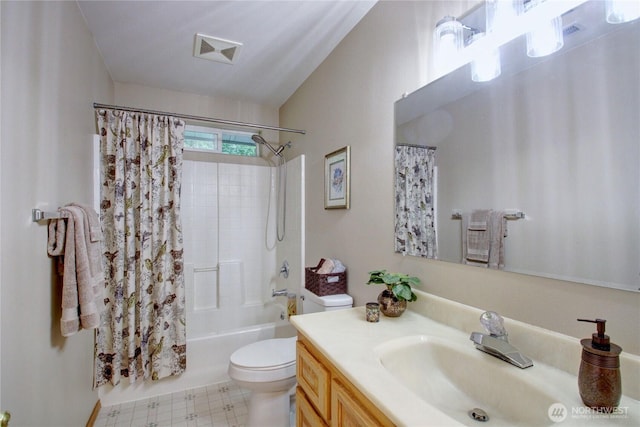 362 N Sunrise Blvd, Camano Island, WA 98282 - bathroom featuring vanity, toilet, shower / bathtub combination with curtain, tile patterned floors, and vaulted ceiling