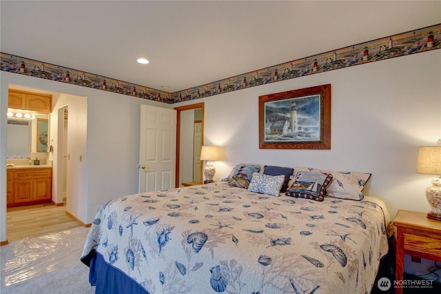 362 N Sunrise Blvd, Camano Island, WA 98282 - bedroom featuring light carpet, recessed lighting, ensuite bath, and baseboards