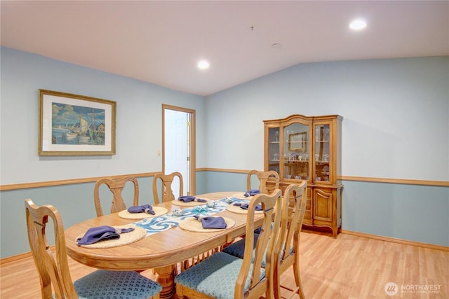 362 N Sunrise Blvd, Camano Island, WA 98282 - dining space with light wood finished floors, vaulted ceiling, recessed lighting, and baseboards