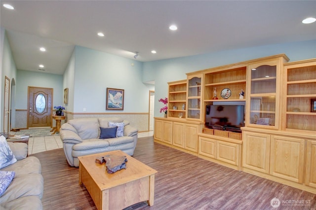 362 N Sunrise Blvd, Camano Island, WA 98282 - living room featuring wood finished floors, recessed lighting, and wainscoting