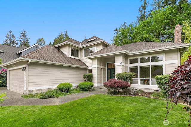 23322 SE 26th Pl, Sammamish, WA 98075 - view of front of house featuring a front lawn, a chimney, an attached garage, roof with shingles, and asphalt driveway