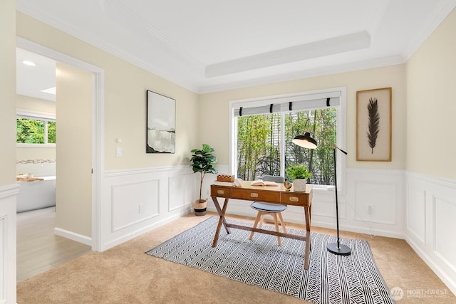 23322 SE 26th Pl, Sammamish, WA 98075 - office featuring a decorative wall, wainscoting, light colored carpet, ornamental molding, and a raised ceiling