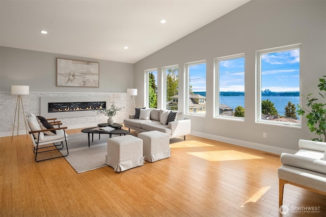 815 33rd Ave S, Seattle, WA 98144 - living room featuring lofted ceiling, wood finished floors, a premium fireplace, baseboards, and recessed lighting