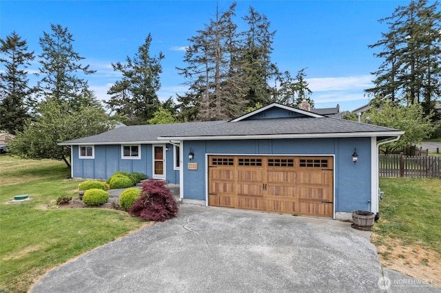 single story home featuring an attached garage, asphalt driveway, roof with shingles, and a chimney