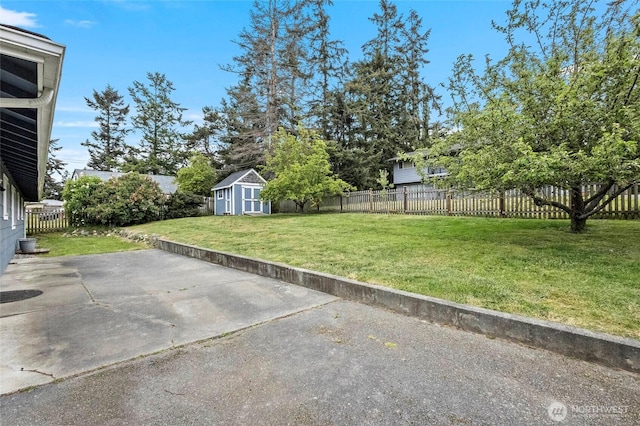 view of yard featuring a patio, a storage unit, and an outdoor structure