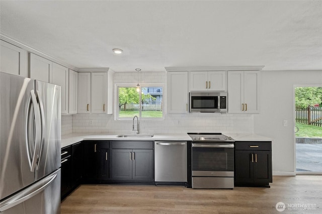 kitchen featuring appliances with stainless steel finishes, a sink, decorative backsplash, and white cabinetry