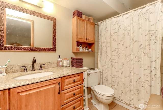 103 Schmid St, Enumclaw, WA 98022 - bathroom with toilet, vanity, tile patterned flooring, and a shower with shower curtain