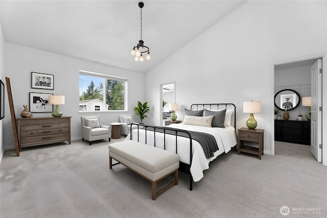 12921 224th St E, Graham, WA 98338 - bedroom featuring high vaulted ceiling, carpet floors, a chandelier, and baseboards