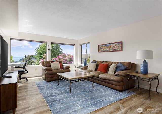 living room with light wood-style flooring, baseboards, and a textured ceiling