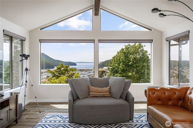 sunroom featuring vaulted ceiling and a water view