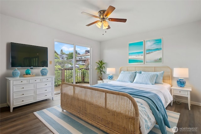 3812 R Ave, Anacortes, WA 98221 - bedroom with access to outside, dark wood-style flooring, baseboards, and ceiling fan