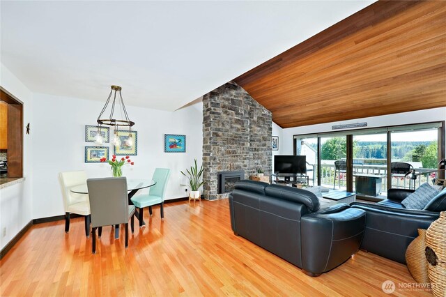 10 Olympic Pl Unit 10, Port Ludlow, WA 98365 - living room featuring lofted ceiling, baseboards, a stone fireplace, and light wood finished floors