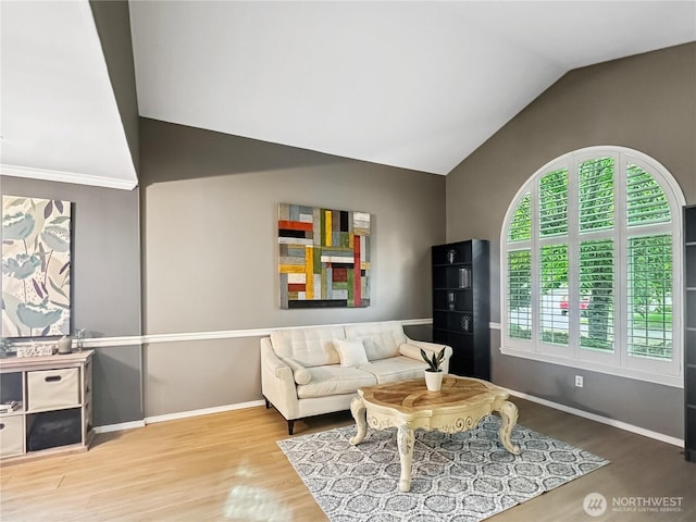 4207 Campus Green Loop NE, Lacey, WA 98516 - living room featuring vaulted ceiling, wood finished floors, and baseboards