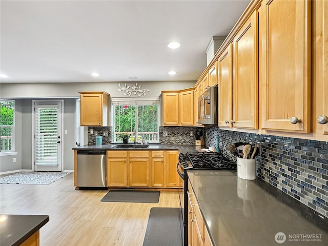 4207 Campus Green Loop NE, Lacey, WA 98516 - kitchen with stainless steel appliances, a sink, light wood-type flooring, decorative backsplash, and dark countertops