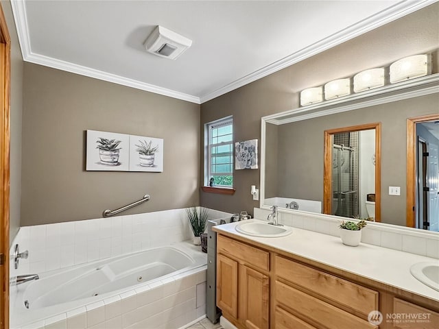 4207 Campus Green Loop NE, Lacey, WA 98516 - full bathroom with a whirlpool tub, double vanity, ornamental molding, and a shower stall